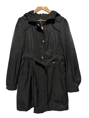 GUESS Hooded Utility Trench Coat Black Logo Lining Belted Jacket XL